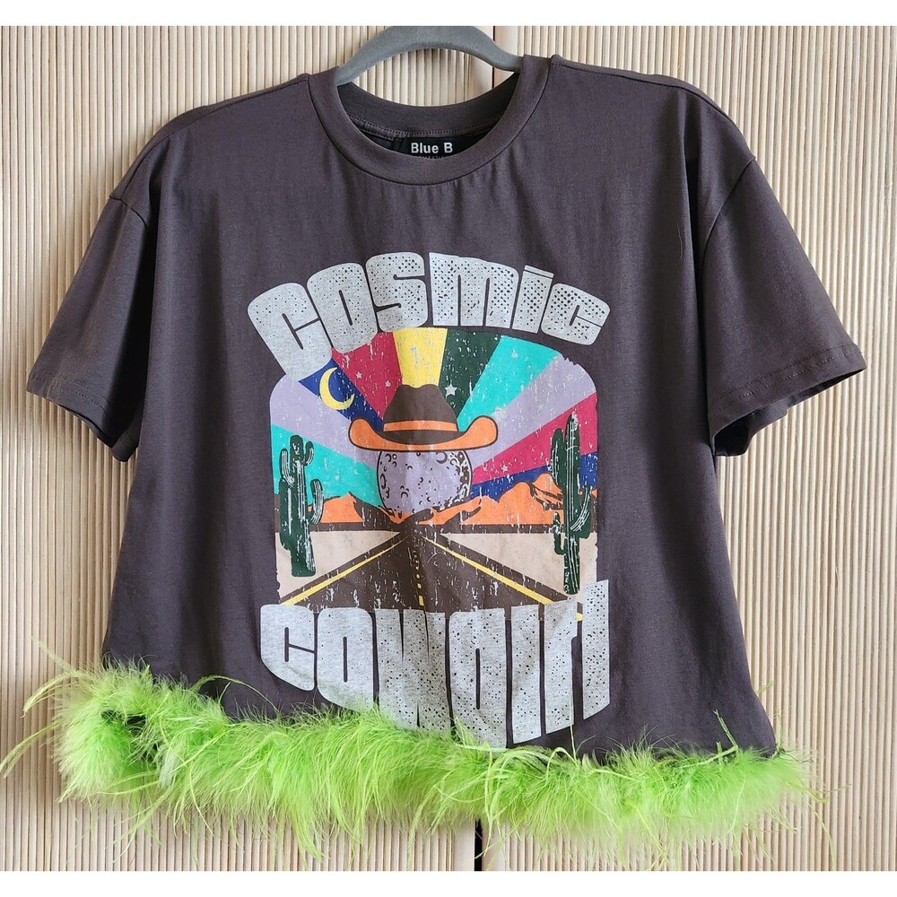 Blue B Collection Shirt Size S Gray Cosmic Cowgirl Short Sleeve Feather Trim NWT